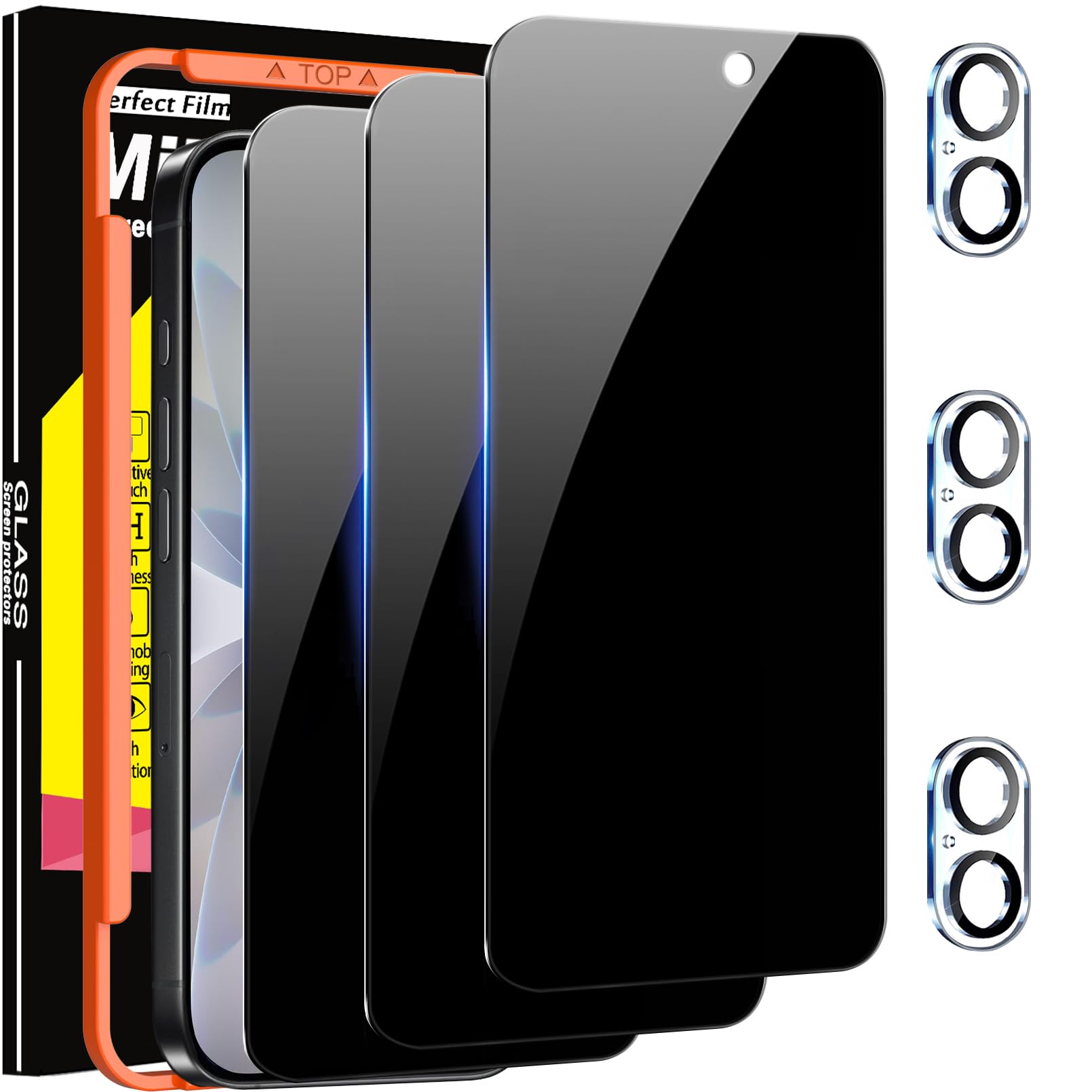 Milomdoi 3 Pack Privacy Screen Protector for iPhone 17 [Phone Case Friendly] Accessories Private Film, 3 Pacs Tempered Glass Camera Lens Protector, with Mounting Frame for Apple Anti Spy,Black