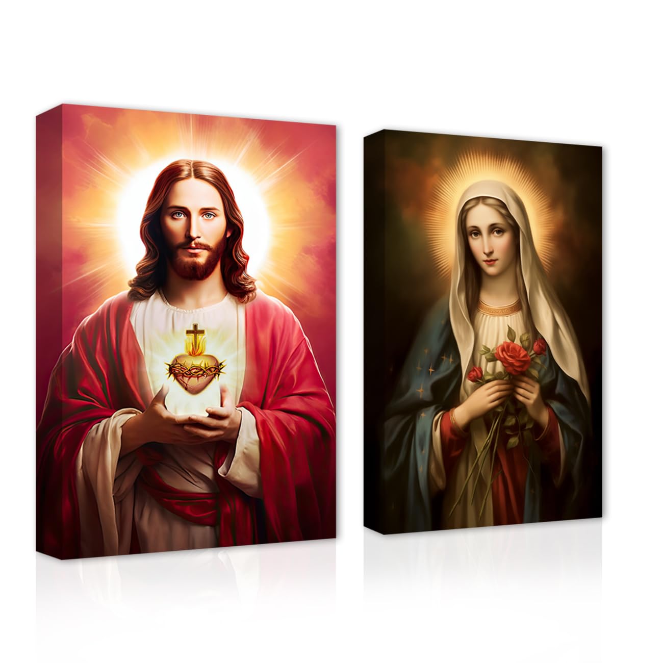 CXHOSTENT Christ Jesus And Virgin Mary Canvas Wall Art 2 Piece Sacred Heart Jesus And The Virgin Mary Paintings Prints God Poster for Church Decor (A, 28.00 x 35.00 cms x 2PCS)