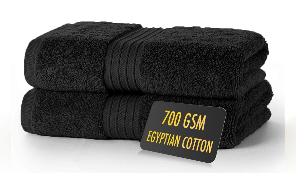 ALSAP Black Hand Towels Pack of 2 - Ultra Soft Super Absorbent 700 GSM Egyptian Cotton Towels - Bathroom Linen Sets - Luxury Hotel Quality Cotton Hand Towels Set Convenient Size 50x85 cm