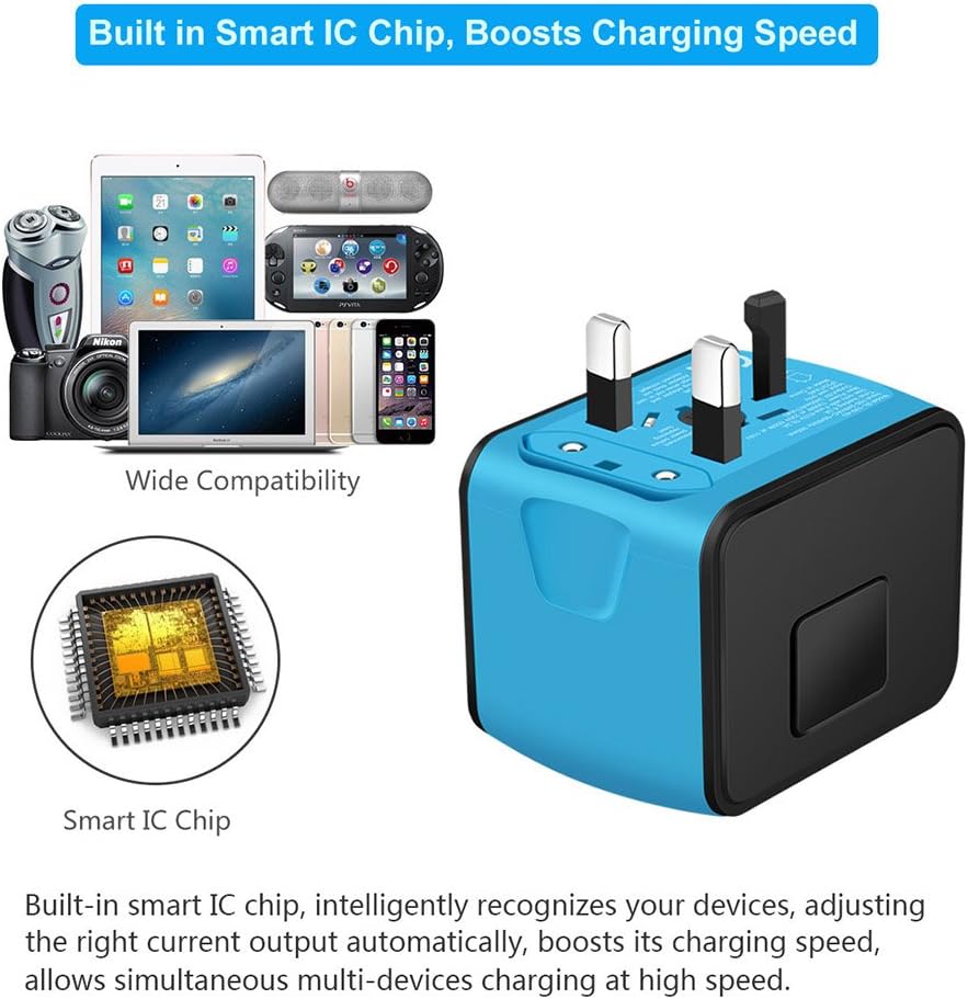 SAUNORCH Universal International Travel Power Adapter W/Smart High Speed 2.4A 4xUSB Wall Charger, European Adapter, Worldwide AC Outlet Plugs Adapters for Europe, UK, US, AU, Asia-Blue: Electronics