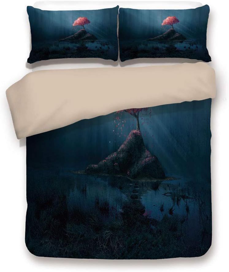 Khaki 6pc Bedding Set,Lonely Pink Sakura Tree in Mysterious Forest Sunbeams Marsh Rock King Duvet Cover Set,Printed Comforter Cover with 2 Pillowcases for Teens Boys Girls & Adults