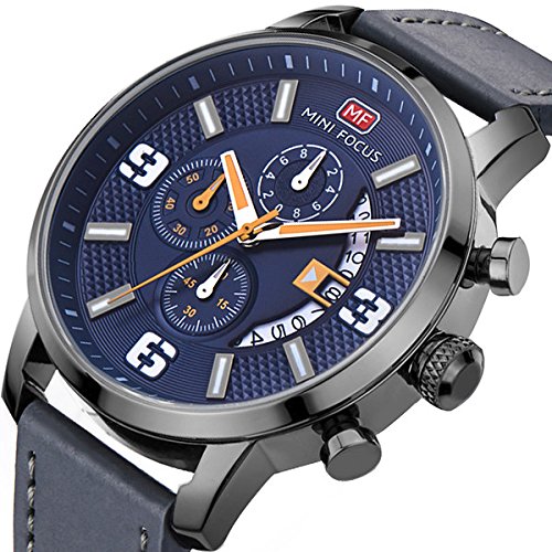 Modiwen Herren-Armbanduhr, Lederarmband, Quarz-Uhrwerk, wasserdicht, Business-Chronograph, analoge Funktion blau
