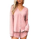 CUPSHE Ribbed Knit Long Sleeve and Short Pajama Sets 2 Piece Button Down Long Sleeve PJs for Women Soft Loungewear