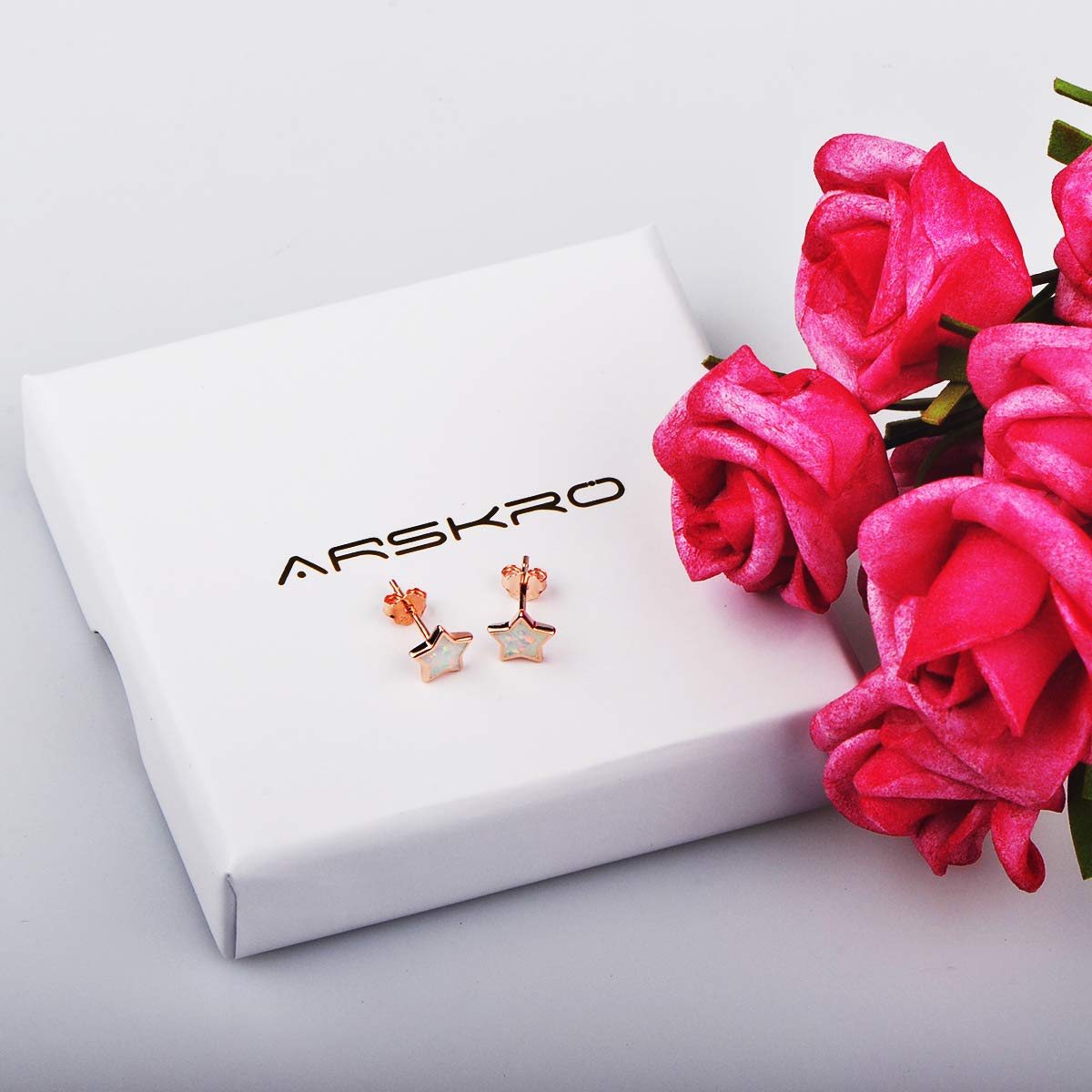 Rose Gold Star Earrings for Girls, Hypoallergenic Fire Opal Stud Earrings For Women ARSKRO S925 Sterling Sliver Little Small Tiny Cute Earring Jewelry Gifts for Sensitive Ears Toddlers Kids
