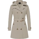 CREATMO US Women's Trench Coat Double-Breasted Classic Lapel Overcoat Belted Slim Outerwear Coat with Detachable Hood