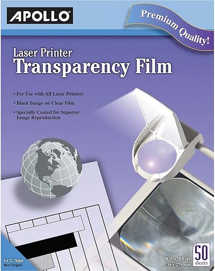 Apollo Transparency Film For Laser Printers Black On Clear 50 Sheets Pack Cg7060