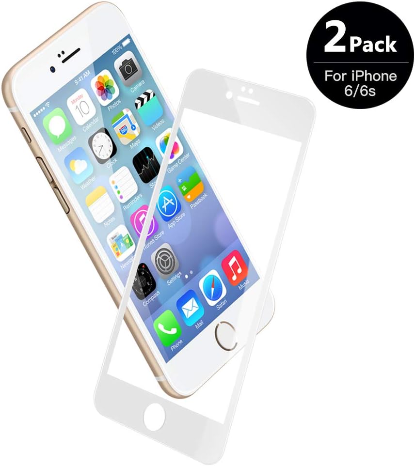 V VONTOX Screen Protector compatible with iPhone 6/6s (4.7 inch), 2 Pack 3D Tempered Glass (White), Bubble free, Shatterproof and Oleophobic Treatment for iPhone 6/6s