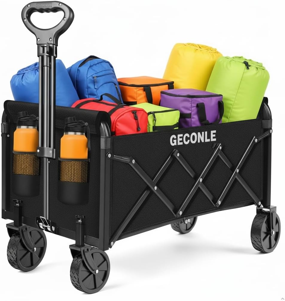 GECONLE 100L Foldable Trolley on Wheels with Drink Holders for Outdoor Use
