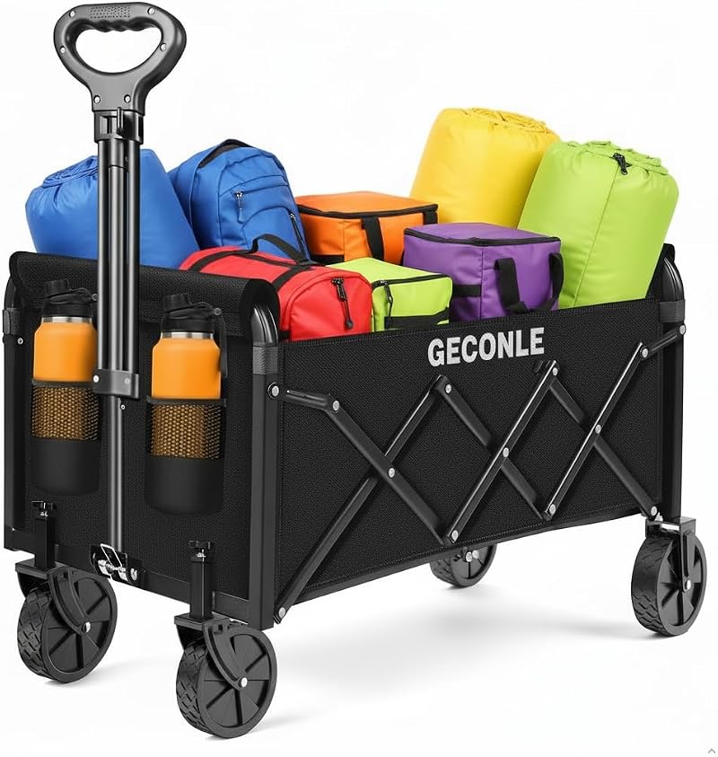 GECONLE 100L Foldable Trolley on Wheels with Drink Holders for Outdoor Use