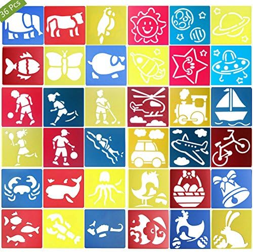 36 Pcs Plastic Painting Template, Drawing Spraying Stencil for Kids Crafts, 5.5 x 5.9 inch Washable Template for School Projects(Pattern 2)