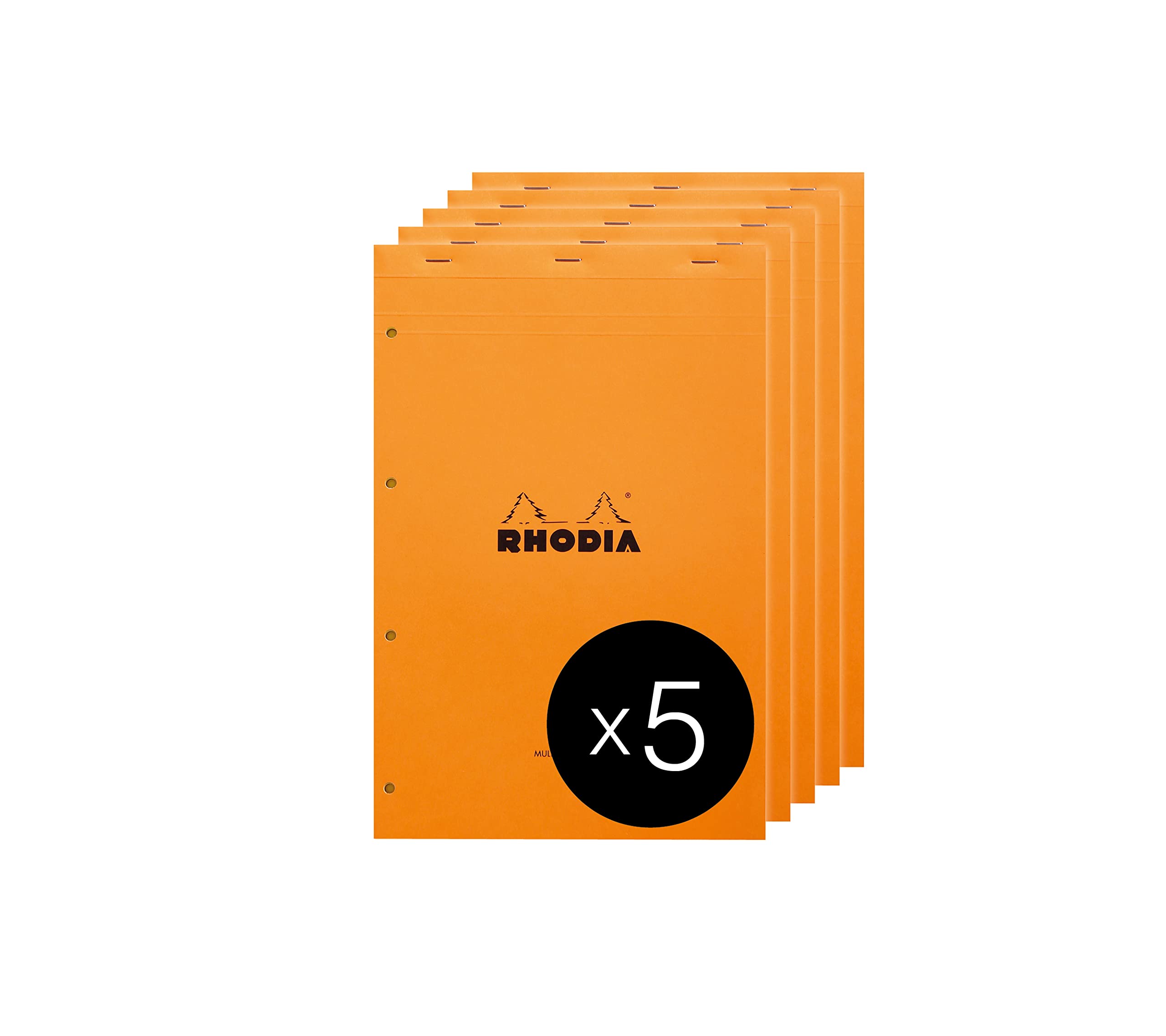 RHODIA 119700C - Stapled Notepad N°119 Audit Orange - A4+ - Pre-Printed Multicolumns - 80 Detachable Sheets 4 Hole Punched, Yellow Clairefontaine Paper 80 g/m² - Pack of 5 pads