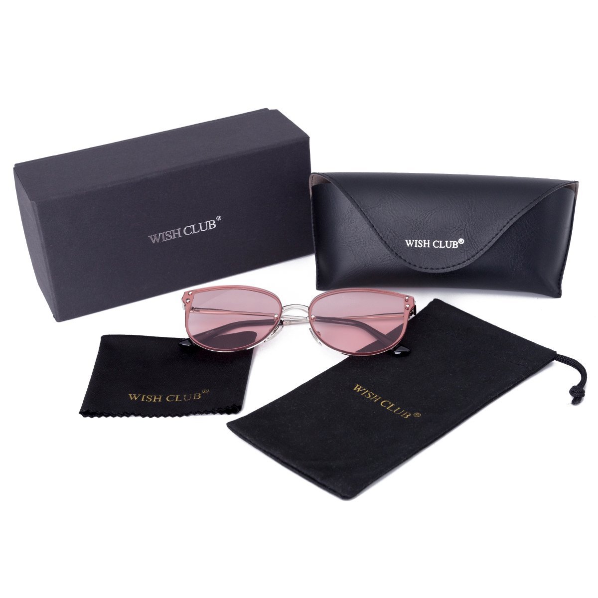 WISH CLUB Women Pink Oversized Cat Eye Sunglasses Designer Rimless Flat Mirrored Lenses Glasses