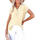 Dokotoo Women's Summer 2026 Boho Tops Casual Button Short Sleeve V Neck Shirts Solid Cotton Blouses