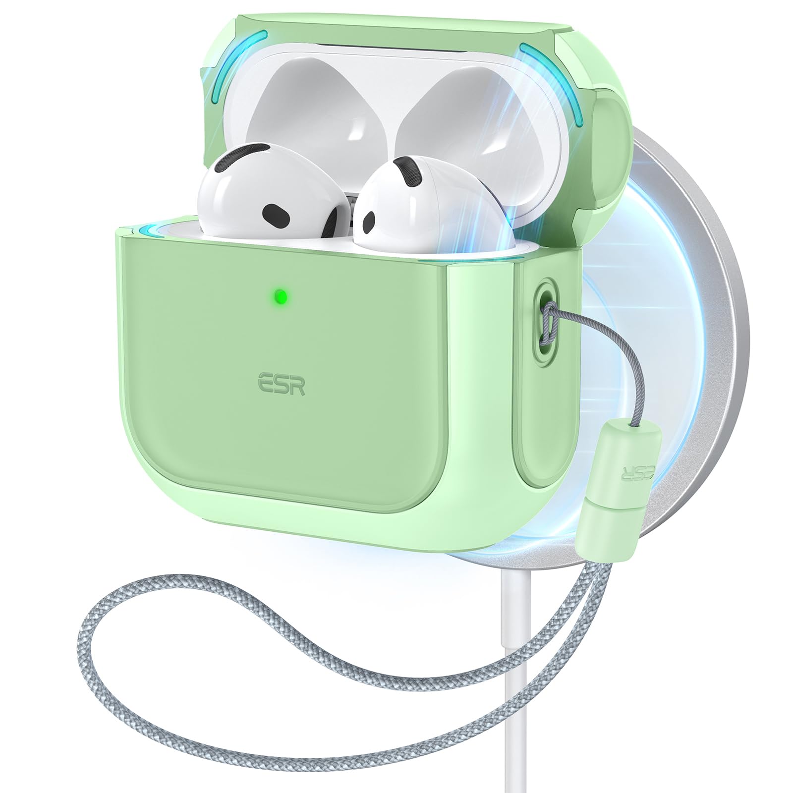 Photo 1 of ESR for AirPods 4 Case, Compatible with AirPods 4th Generation Case (2024) (USB-C), Compatible with MagSafe, Drop Protection Cover with Lanyard, Magnetic Lid Lock, Orbit Hybrid Series, Light Green
