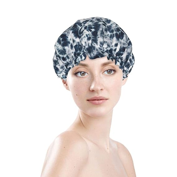 Shower Cap for Women Tie Dye Watercolor Indigo Black