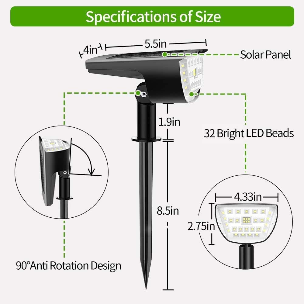 Claoner 32 LED Solar Landscape Spotlights, Wireless Waterproof Solar Landscaping Spotlights Outdoor Solar Powered Wall Lights for Yard Garden Driveway Porch Walkway Pool Patio- Cold White(2 Pack) - - 