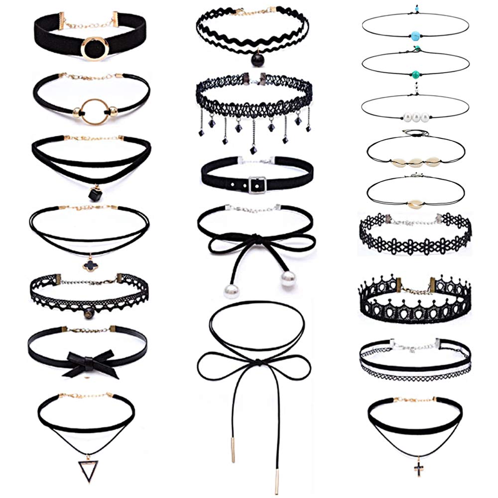 Edivoi 21pcs Choker Necklaces Set - Black Classic Velvet & Pearl Shell Beaded for Women & Girls; Wedding, Dinner, Date, Travel, Party, Dance or Casual