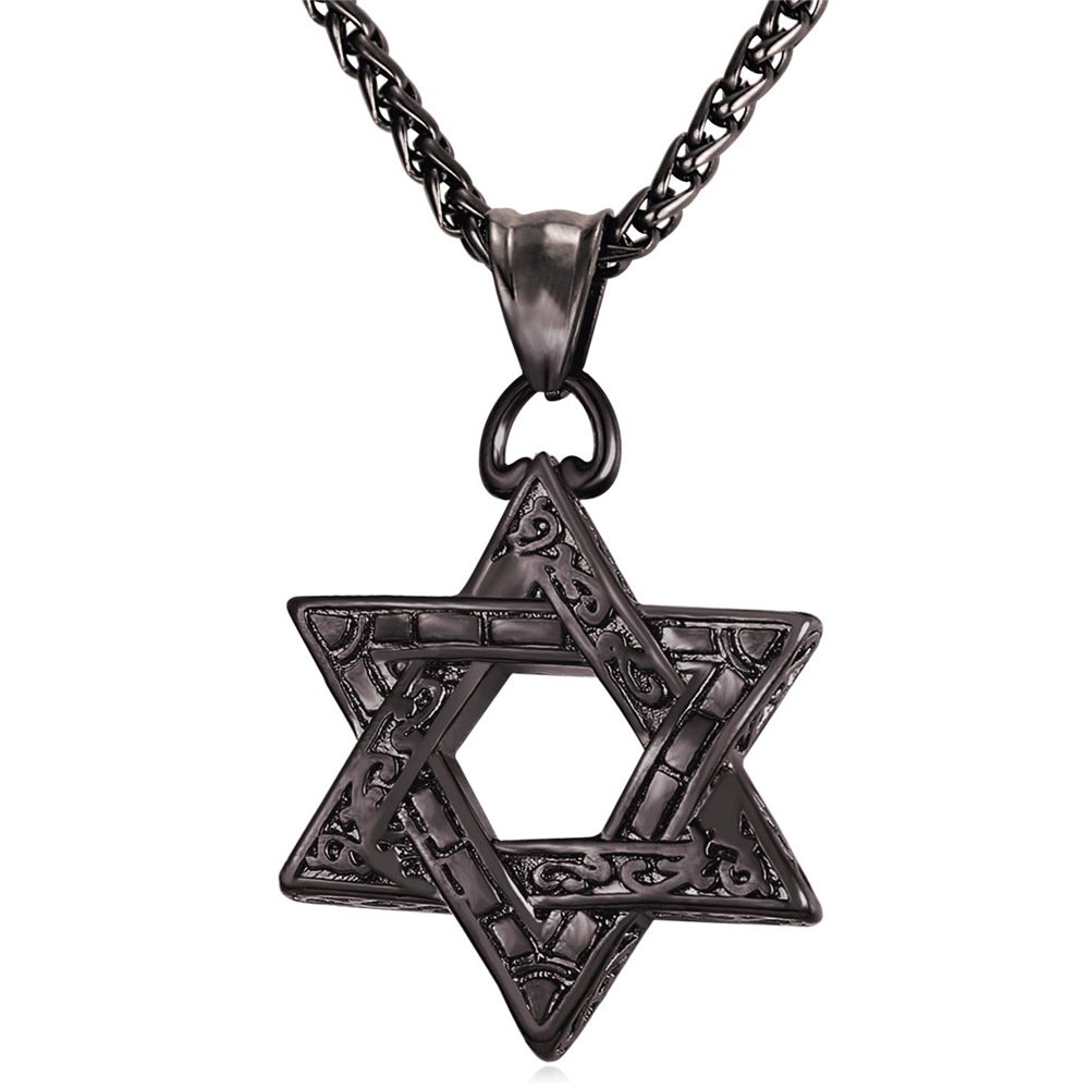 U7 Black Hexagram Necklace Boys Star of David Pendant 55CM Wheat Chain, Jewish Magen, Black Plated Stainless Steel Israel Judaism Jewellery Magen David Necklace — image 1