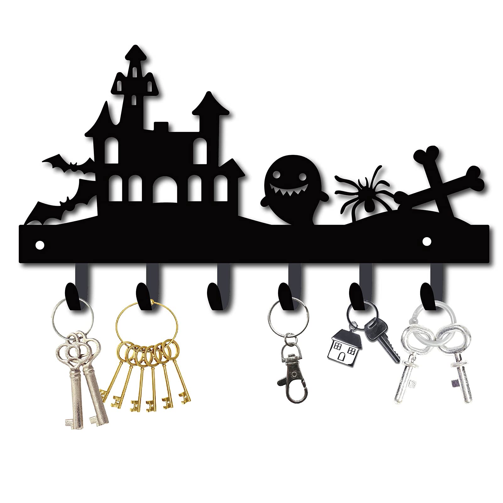 CREATCABIN Halloween Metal Key Holder Bat Spider Ghost Black Key Hooks Wall Mount Hanger Decor Organizer Rock with 6 Hooks Halloween Pattern for Front Door Entryway Hat Towel 10.6 x 5.9 x 1.5 inches
