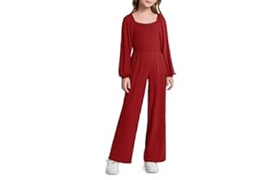Haloumoning Girls Jumpsuit Kids Long Sleeve Smocked Wide Leg Romper 4-14 Years