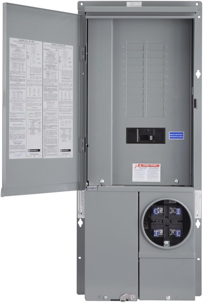 Square D by Schneider Electric SC2040M125PF Homeline 125-Amp 20-Space 40-Circuit Solar-Ready Combination Meter Socket and Main Breaker Load Center for Plug-on Neutral breakers