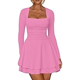 Kaximil Women's Square Neck Ruffle Hem Mini Dress Ruched Waist Long Sleeve Corset Short Party Dresses