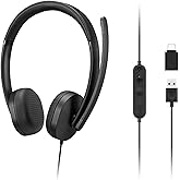 Lenovo 115 USB-A/USB-C Wired Stereo Headset &ndash; Lightweight, Noise-Cancelling, in-Line Control Box, USB-A to USB-C Adapter, Over-Ear Design, Headset with Mic for PC and Laptop, Black