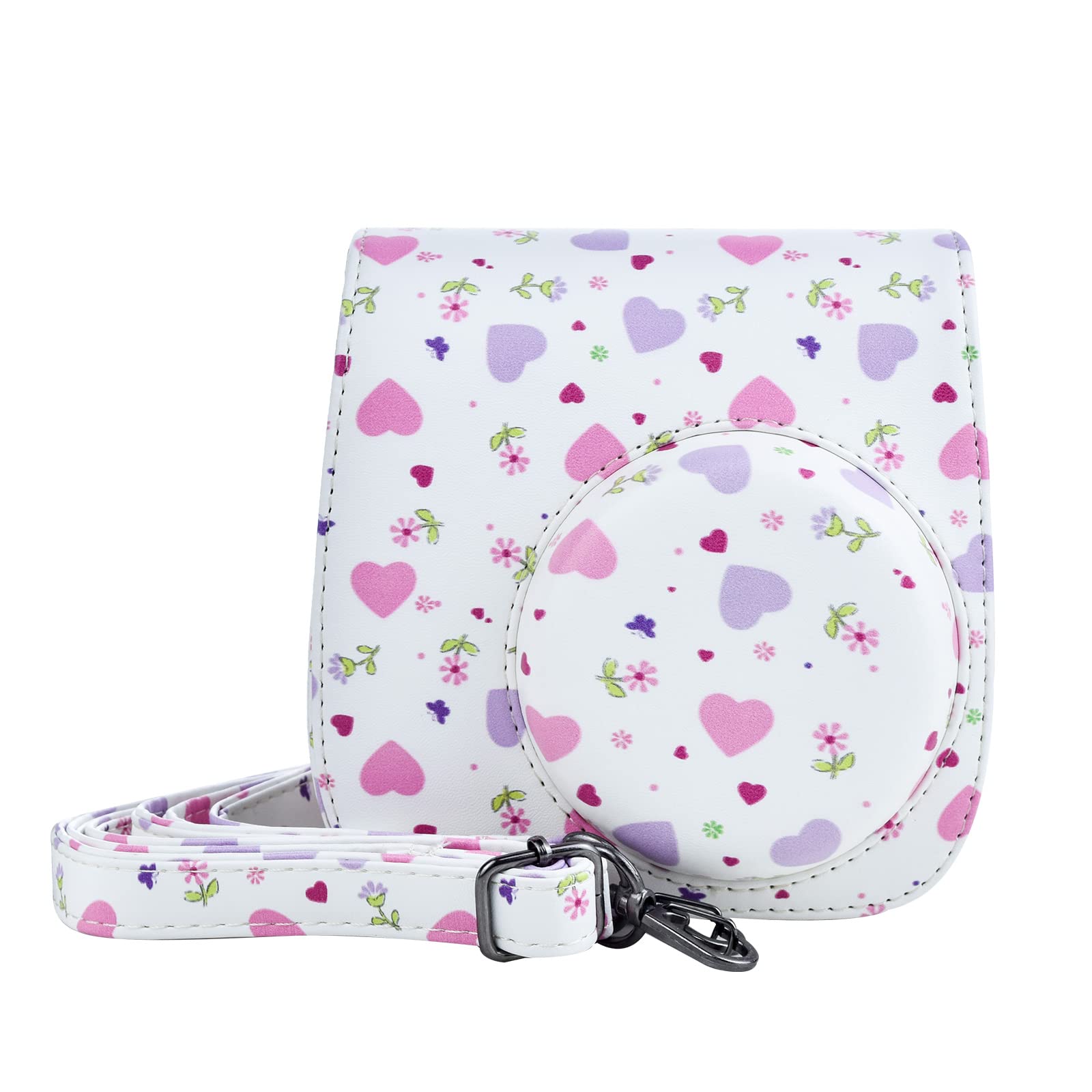 MUZIRI KINOKOO Fuji Mini 12/Mini 11 Case, Heart Shape Pattern Camera Case for Fuji Mini 12/Mini 11/Mini 9/Mini 8 Fuji Camera with Adjustable Shoulder Strap (Pink & Purple)
