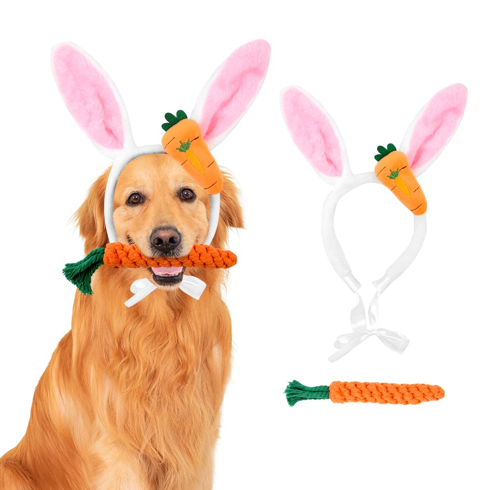 Dog Ear Headband,1 Pcs Easter Costume Cute Bunny Ear Hairband 1 Pcs Carrot Chew Toy Easter Party Puppy Headwear Supplies for Dog Cat