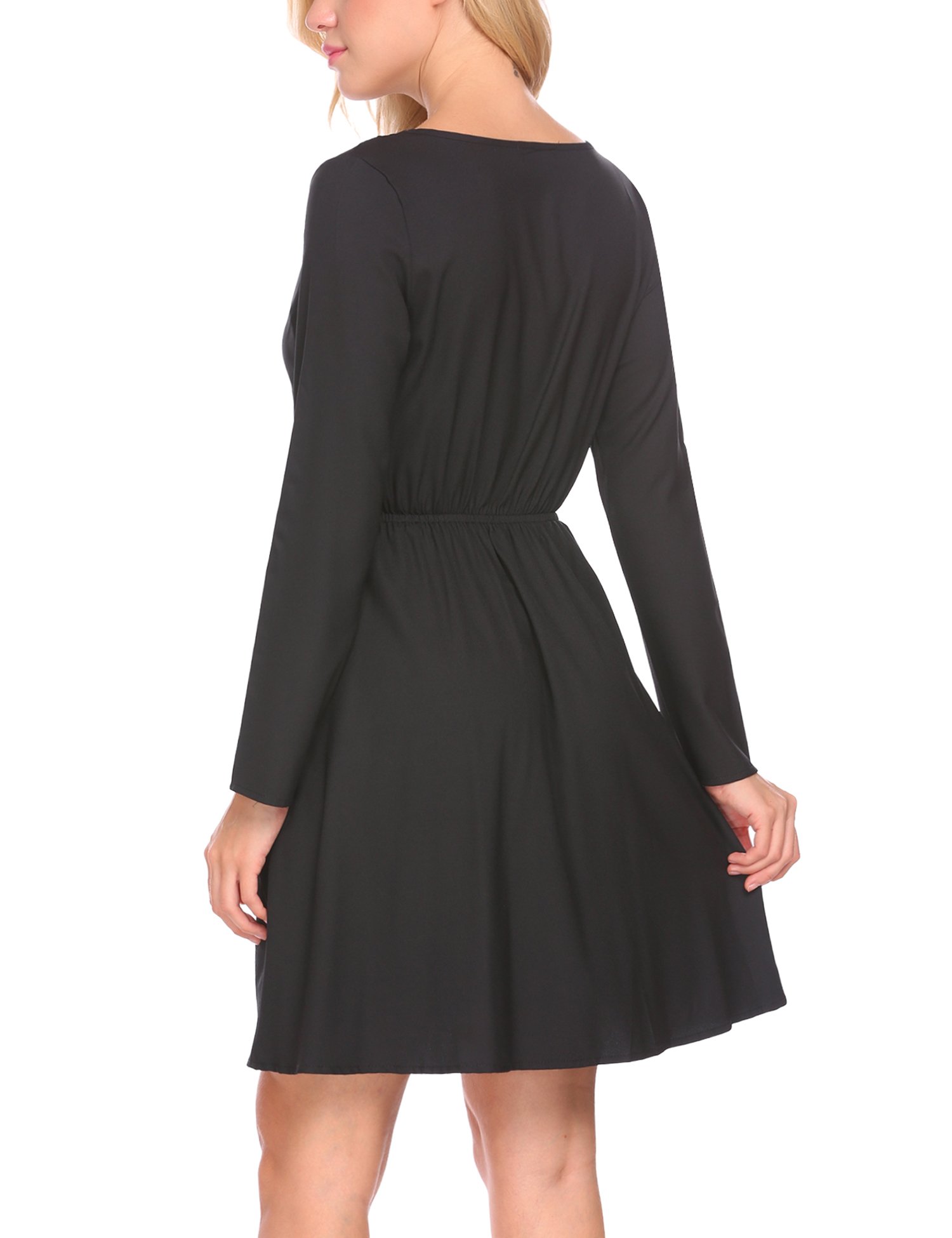 SE MIU Women Casual V Neck Long Sleeve Solid Waist Ruched Pleated Mini Dress,Medium,Black