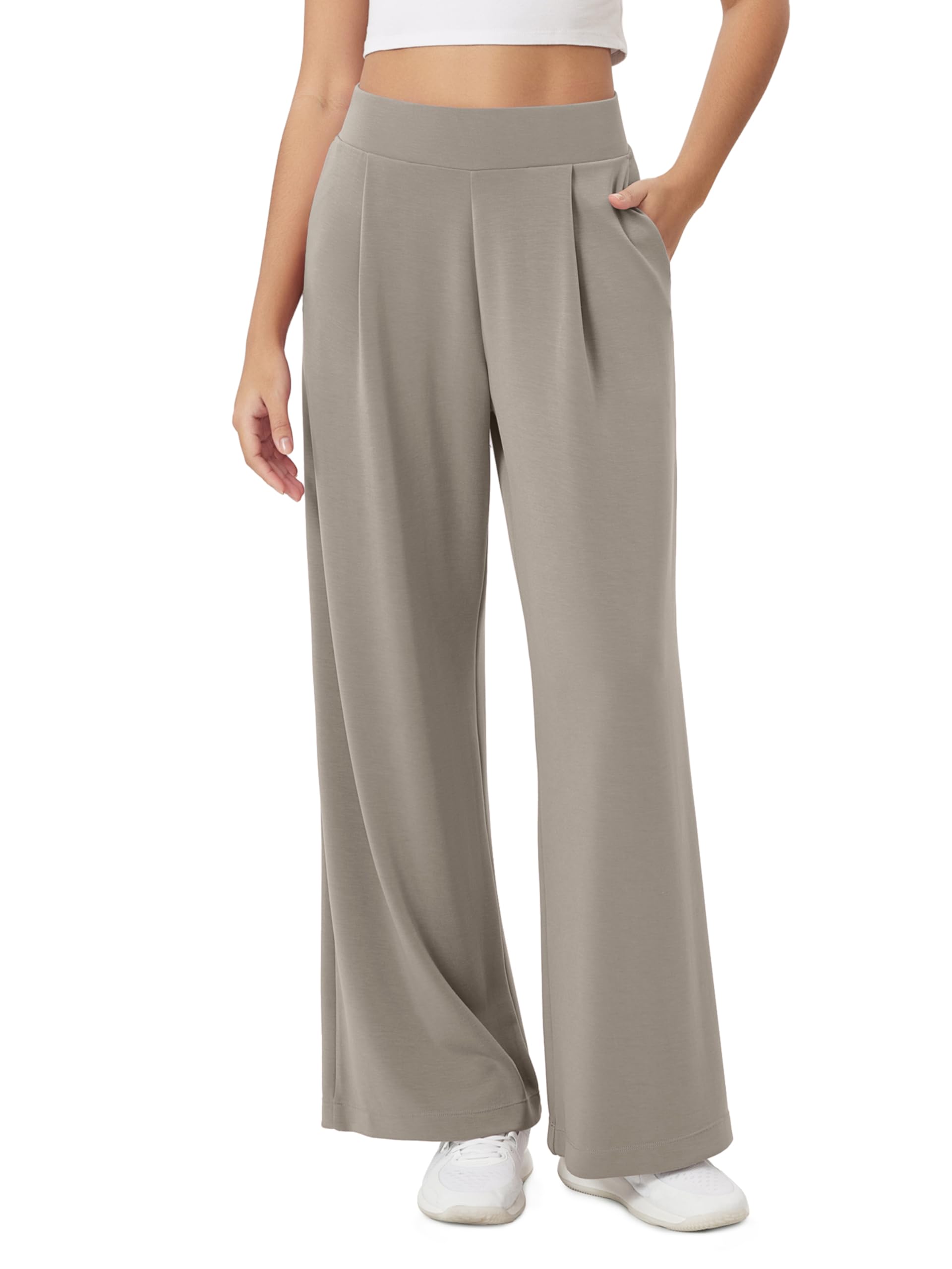 Photo 1 of (SMALL) ODODOS Modal Soft Wide Leg Pants for Women High Waist Casual Relaxed Pants with Pockets, 27" Inseam, Khaki, Small