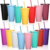 Honeydak 15 Pack Tumbler with Straw and Lid Bulk Cups for Gifts Water Bottle Iced Coffee Travel Mug Cup Reusable Plastic Tumblers for Party Birthdays 24-27 oz (Solid Color)