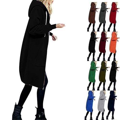 Womens Zip Up Long Black Hoodies Fleece Longline Hoodie Sweatshirts Long Sleeve Jacket Plain Oversized Pullover Warm Cardigans Autumn Winter Coat With Pockets