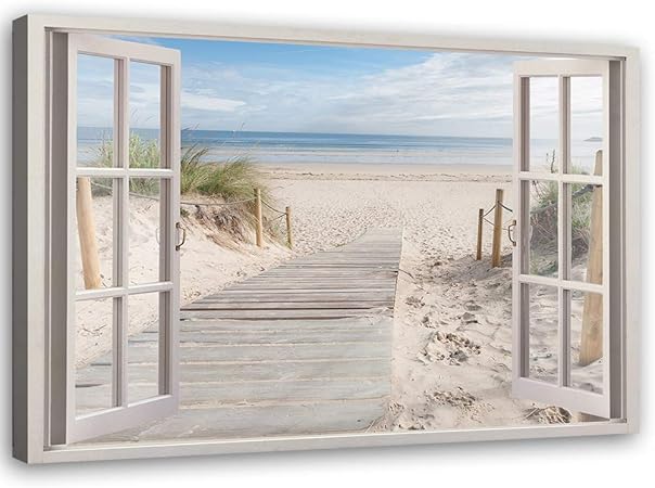 Tableau Deco Mural Fenetre Vue 3d Image Moderne Plage Beige 90x60