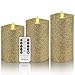Evenice Glitter Gold Flickering Flameless Candles with Timer and Remote for Christmas Gift (Set of 3)