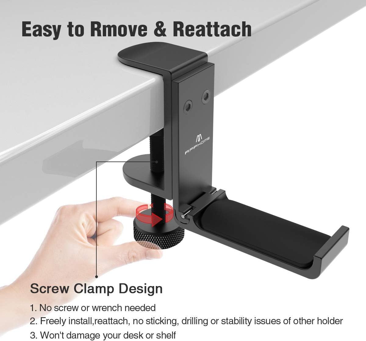 APPHOME [Upgrade] Foldable Headphone Stand Hanger Holder Aluminum Headset Soundbar Stand Clamp Hook Under Desk Space Save Mount Fold Upward Not in Use, Universal Fit Gaming PC Accessories, Black: Electronics