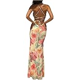 Floerns Women's Floral Boho Maxi Dress Lace Up Backless Fishtail Summer Beach Long Dresses
