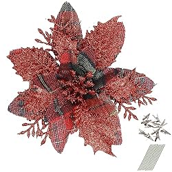 GREENTIME 12 Pcs Glitter Poinsettia 5.5" Artificial