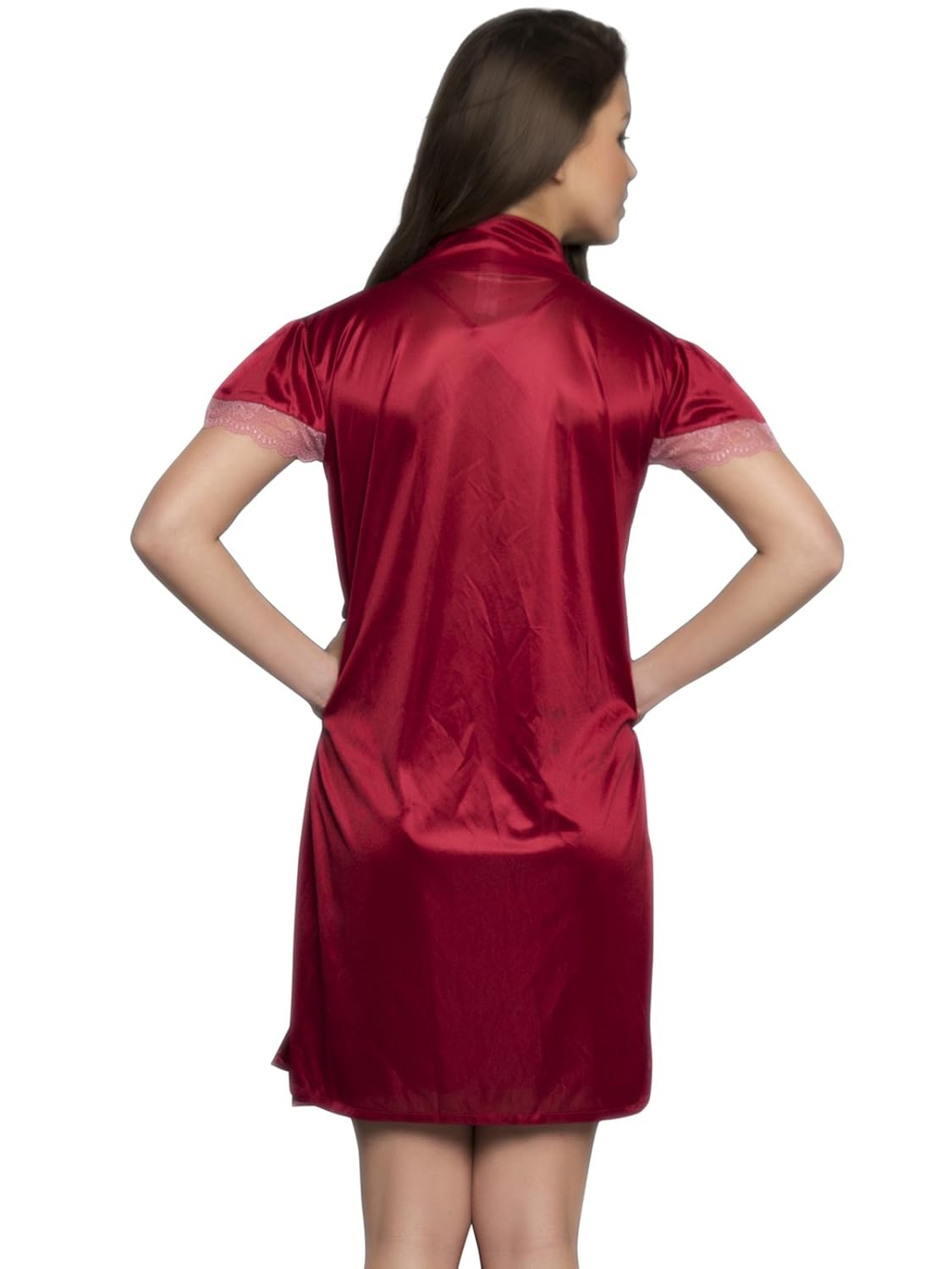clovia women's 2 pc premium satin nightwear in maroon with lace