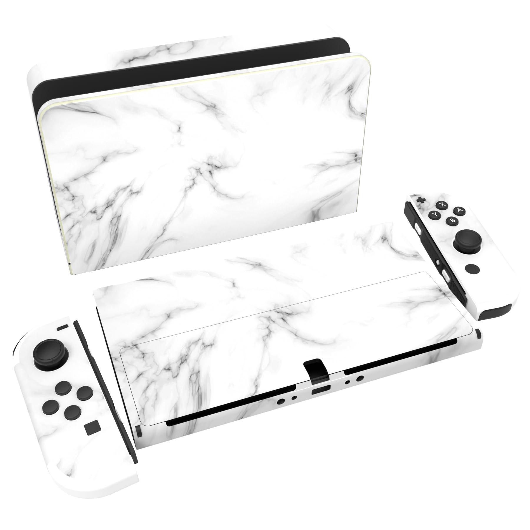 Photo 1 of PlayVital Full Set Protective Stickers for Nintendo Switch OLED Model, Customized Vinyl Decal Skins for Switch OLED Console & Joycon & Dock & Grip - Seamless White Marble