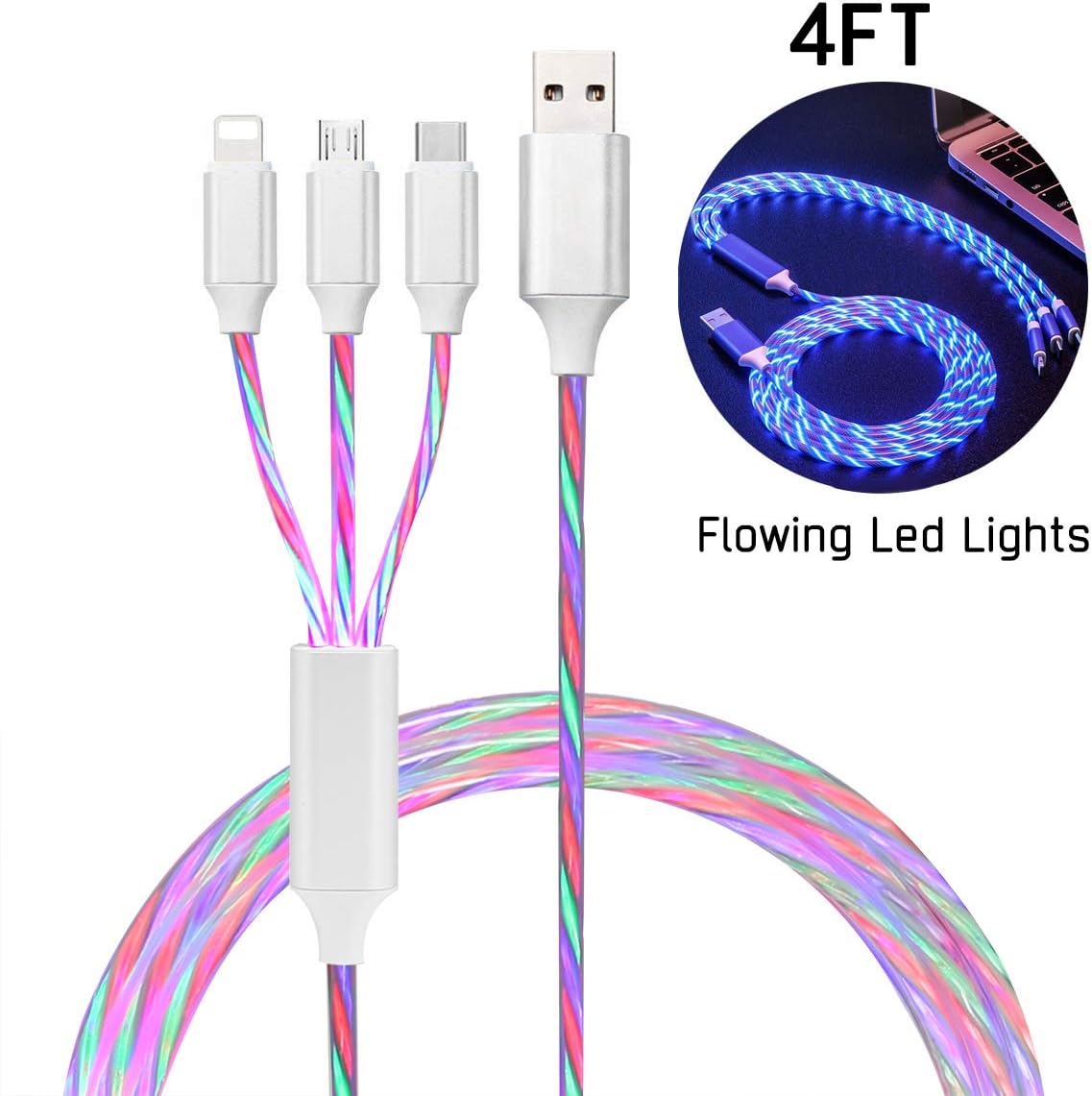 3 in 1 LED Flowing Lights Charging Cable, 4ft/1.25m Fast Charging Cable USB Charger Cord for Phone 5/6/7/8/XR/XS/11 Pro Max, Micro USB, Type-c
