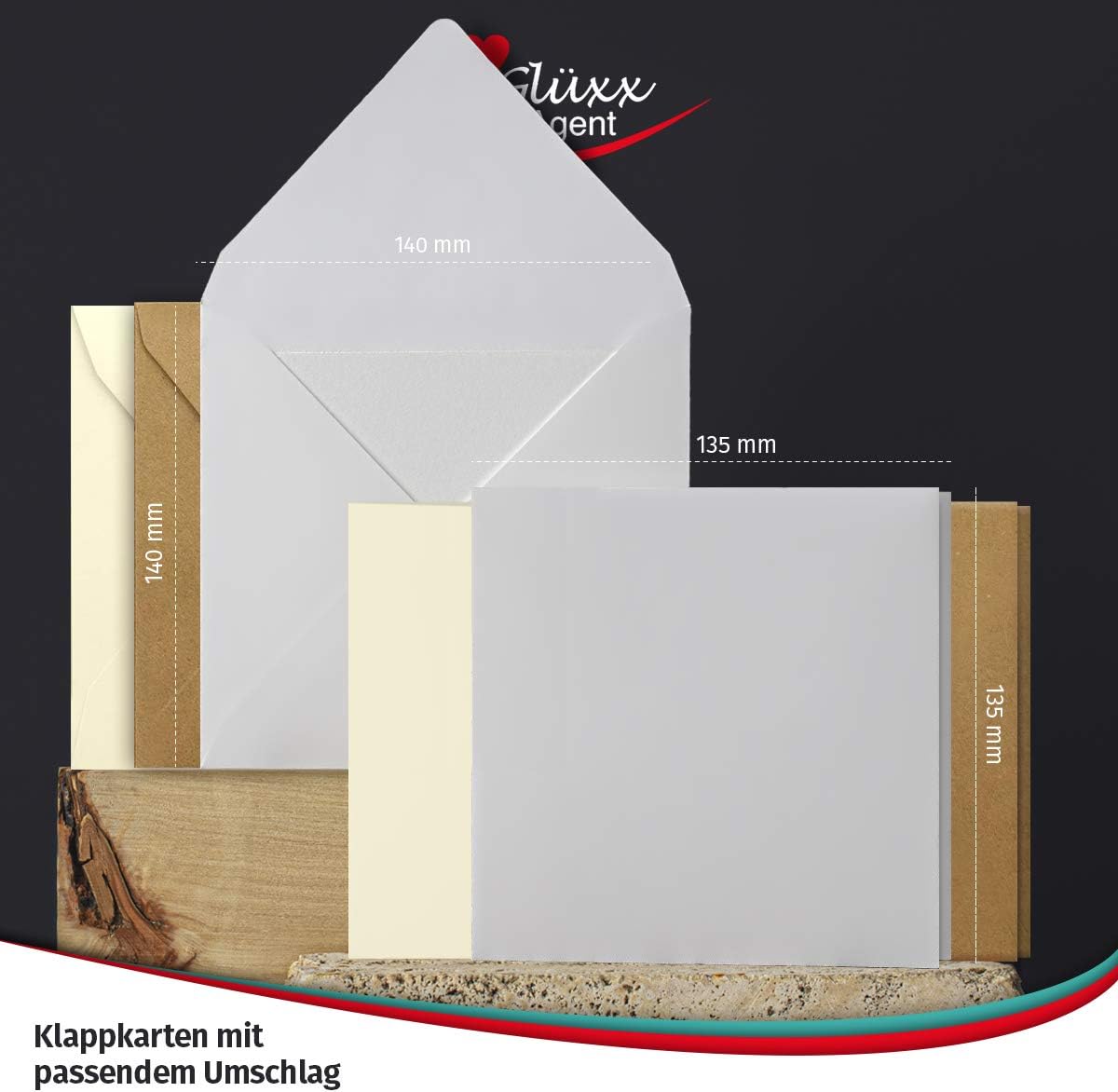 Glüxx Agent 45 folding cards with envelopes set, square, 240 g/m² 220 g/m², white, cream, kraft - Image 3