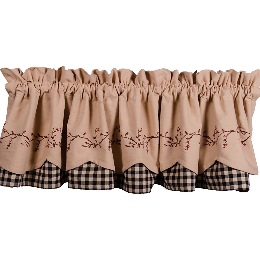 Primitive Home Decors Berry Vine Check Fairfield Valance - Black