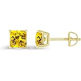 14K Gold Plated 925 Sterling Silver Hypoallergenic 6mm Square Princess Cut Genuine Birthstone Solitaire Screwback Stud Earrings