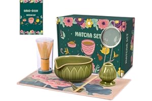 LAYOFE Matcha Whisk Set - 7pcs Japanese Tea Ceremony Kit with Spouted Bowl & Bamboo Whisk, Matcha Starter Kit for Beginners - Authentic Green Tea Accessories, Gift Set for Lovers-Dark Green