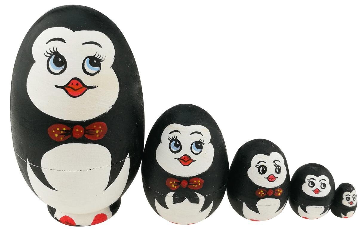 Winterworm Set 5 Pcs Cute Animal Theme Penguin Egg Shape Stacking Toy Wooden Handmade Nesting Dolls for Kids Easter Egg