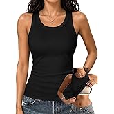 Danysu Women's Racerback Tank Tops with Built in Bras Fitted Going Out Tops | Cotton Ribbed, No See Through, Crew Neck，Shelf Bra, Removable Pads, Stretchy Everyday Tank, Y2K Cute Summer Basic Casual Top