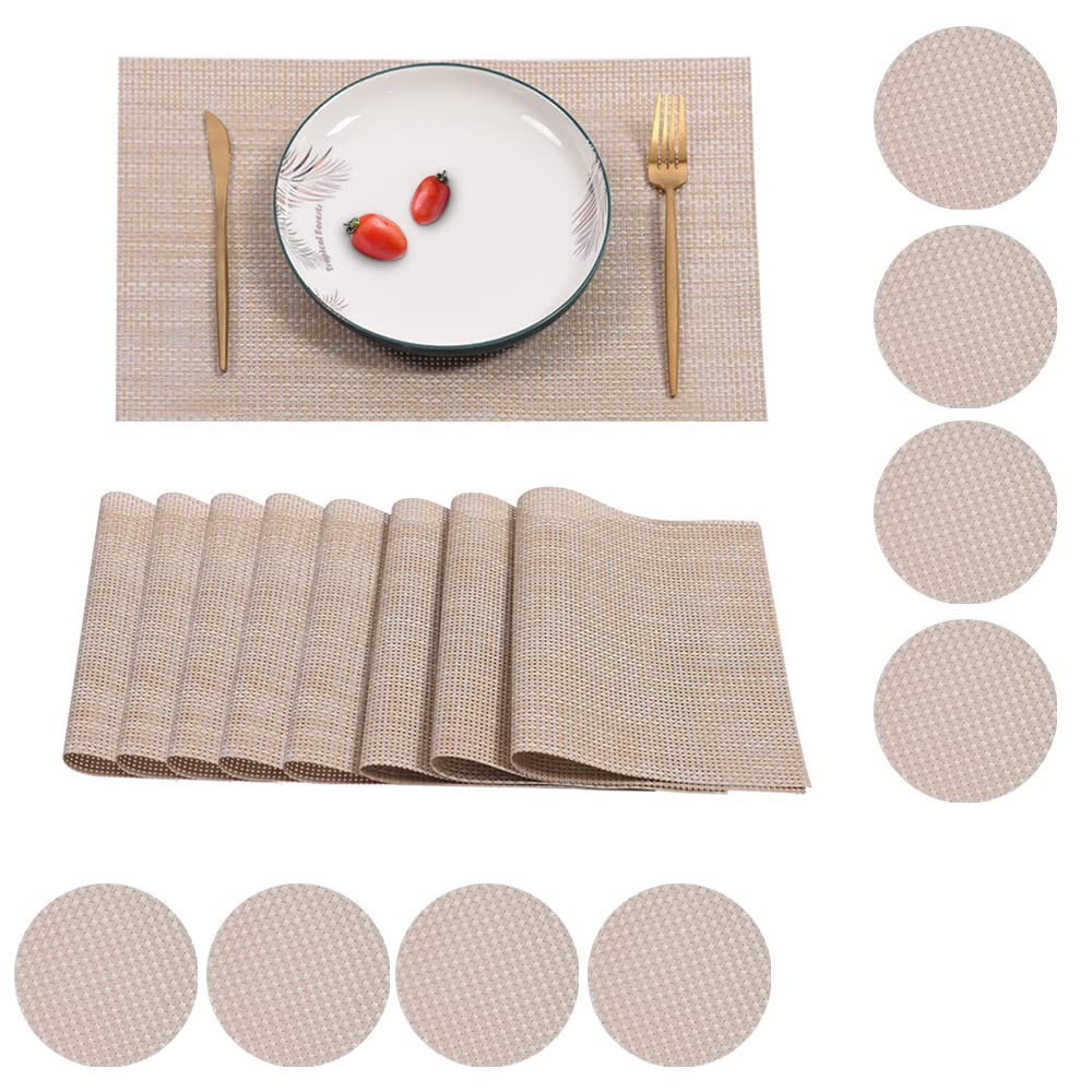 Woven Table Mats and Coasters Set of 8, Outdoor Placemats and Coasters, Beige Plastic