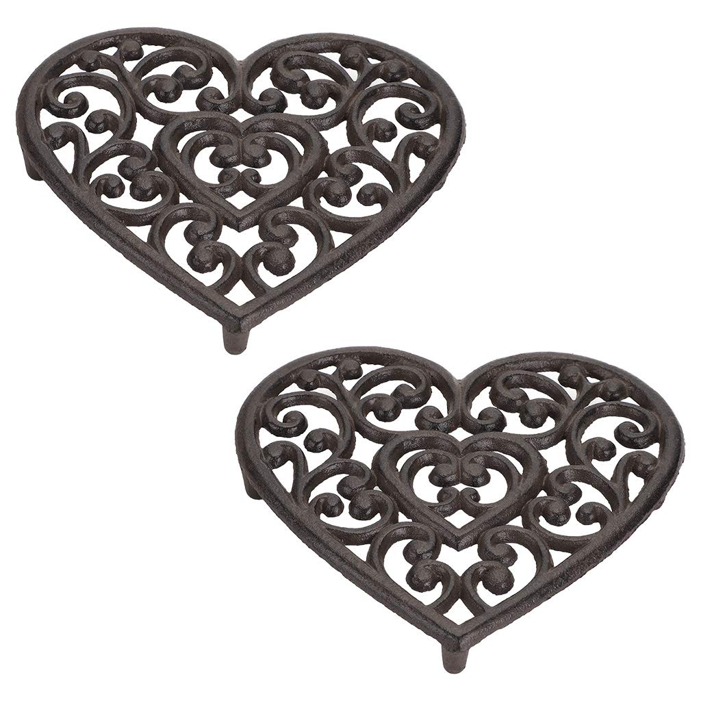 SUMTREE 2pcs Cast Iron Heart Trivet Decorative Trivet Mat Hot Pot Holder Pads For Kitchen Or Dining Table (8", Brown, Rusty)