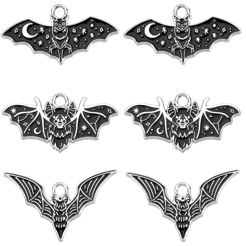 SUNNYCLUE 1 Box 24Pcs Bat Gothic Black Enamel Wing Charms Halloween Blood Sucking Flittermouse Crescent Moon Star Silver Tone Vampire Charms for Jewellery Making